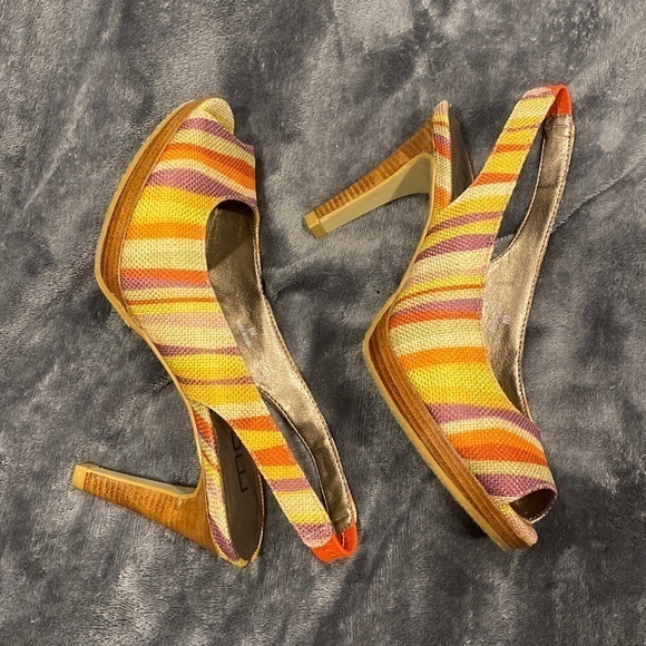Peep Toe Yellow Orange Red Purple Striped Moda Slingback Heels size 6 - Picture 2 of 8